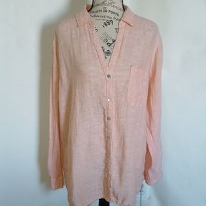 Sigrid Olsen Apricot Button Down Top 100%Linen Tab Sleeves Size XL VNeck